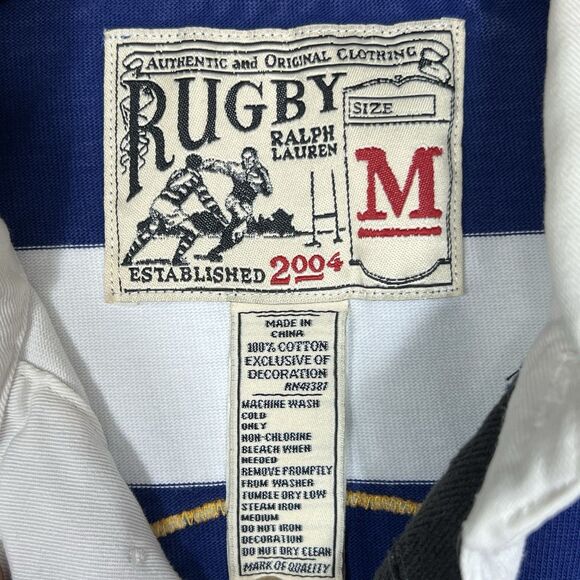 Polo Ralph Lauren Rugby Shirt Men's Medium White/ Blue Striped Long Sleeve RARE - Picture 11 of 12
